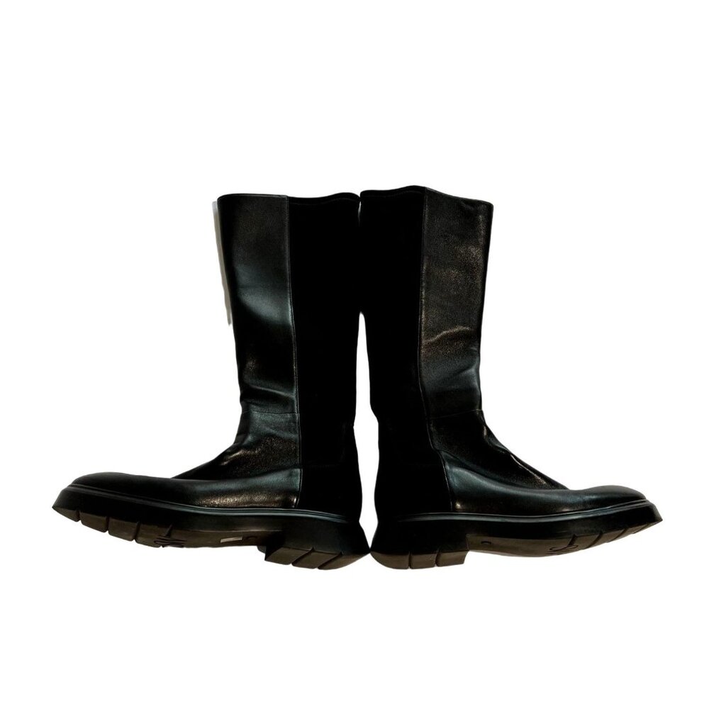 Stuart Weitzman Leather & Stretch Fabric Mid Calf Boots in Black